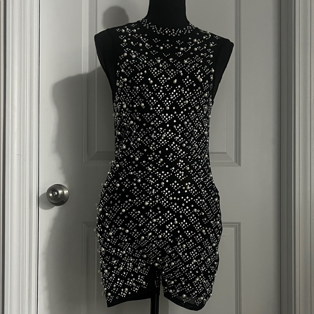 Elegant Black and Pearl Beaded Romper
